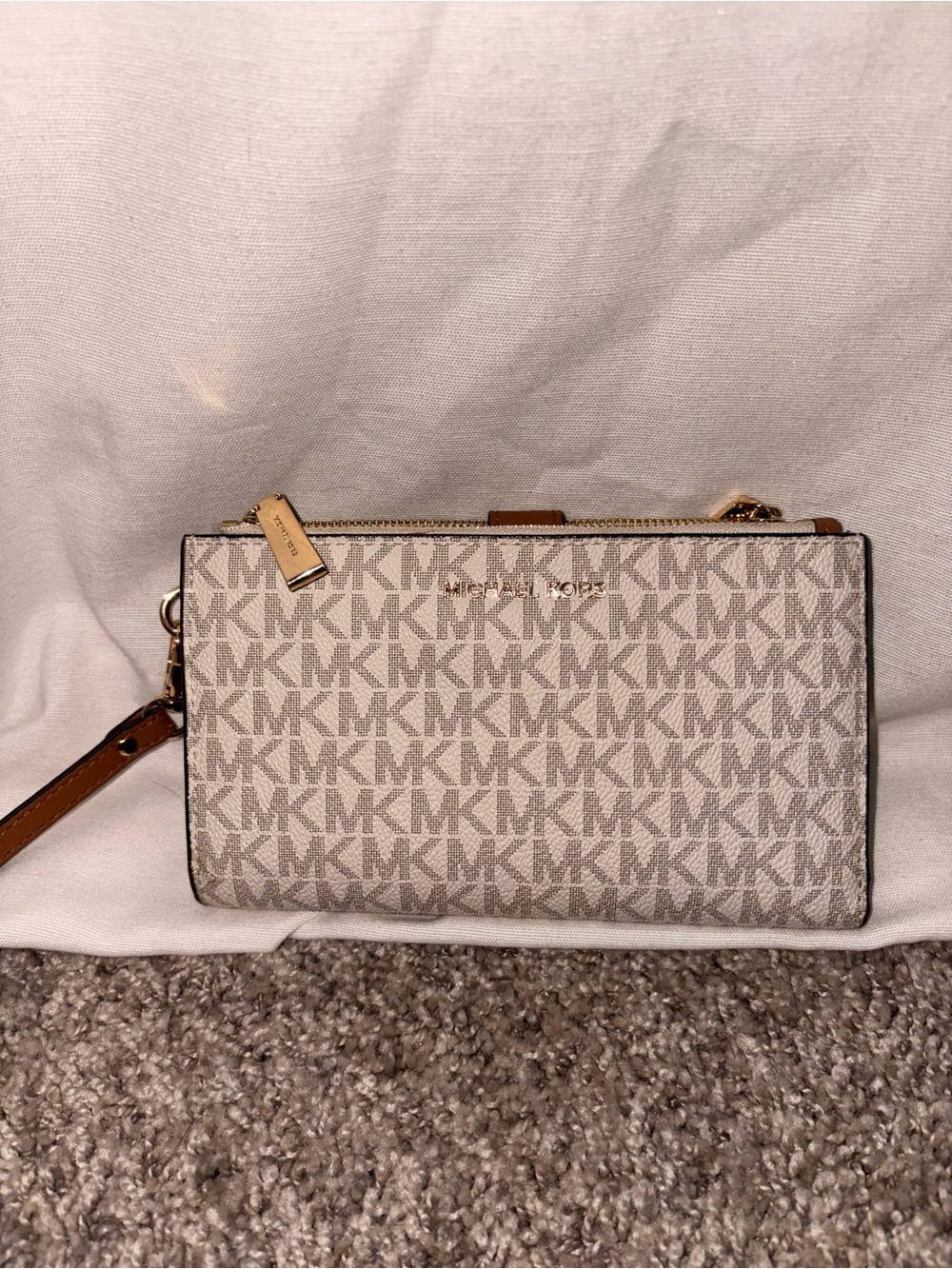 Michael Kors Beige and Brown MK Logo Wristlet Clutch